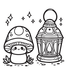 Coloring page cute mushroom with lantern