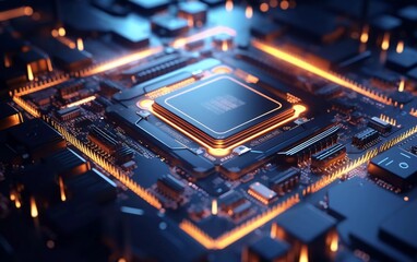 A close-up view of a computer processor surrounded by circuit components and glowing lights.