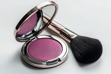 Makeup compact with mirror and brush on white background