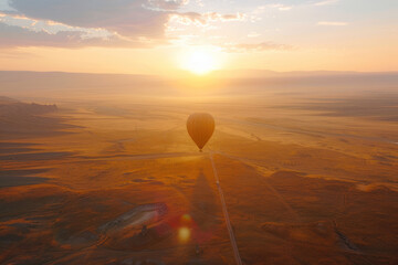 A peaceful hot air balloon ride at sunrise, the warm light illuminating the vast landscape as the sun rises.