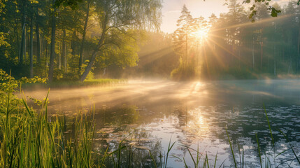 Fototapeta premium A peaceful hidden lake in a forest at dawn, the mist rising from the water as sunlight filters through the trees