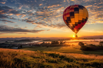 Obraz premium A peaceful hot air balloon ride at sunrise, the warm light illuminating the vast landscape as the sun rises.