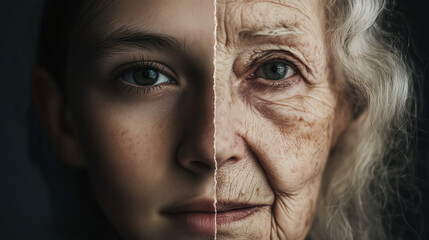 A face showing on one side a young girl with fresh skin, on the other side an elderly aging woman with wrinkles