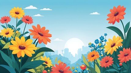 Colorful Flowers Blooming in Front of a City Skyline