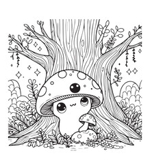 Cute mushroom under big tree coloring page design