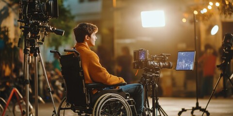 An actor with disabilities preparing on set or participating in a media production