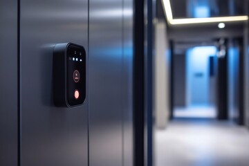 Naklejka premium Modern Security System with Facial Recognition and Doorbell on a Grey Wall