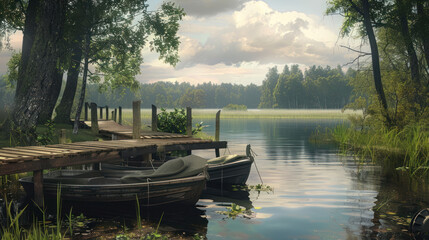 Obraz premium A peaceful lake with a wooden pier and fishing boats docked, the scene quiet and reflective