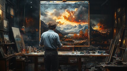 Artist examines his finished landscape painting in his studio.
