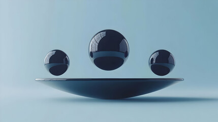 3D Render: Three Black Glossy Spheres on a Curved Platform