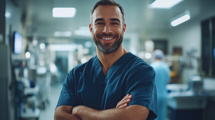Obraz premium Smiling male healthcare professional in blue scrubs standing confidently in hospital setting