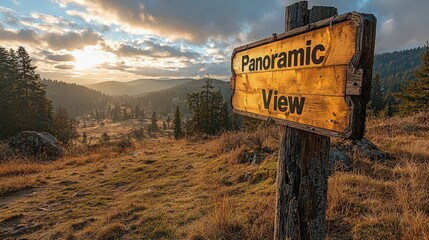 Obraz premium A wooden sign indicates a panoramic view at a scenic overlook, where the sun sets over the mountains, illuminating the landscape with warm light and enhancing the natural beauty