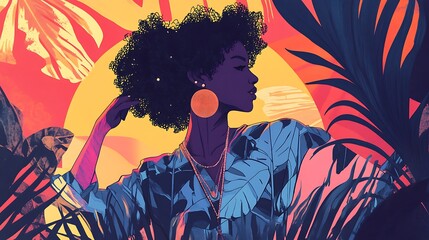 A stylish woman with an afro hairstyle and floral print shirt poses against a vibrant, tropical sunset background.
