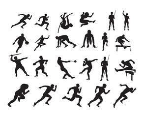 Athletics Player silhouette Isolated Vector Collection, Athletics Black Color white background Vector Silhouette Clip art Bundle set, Athletics Sport Man isolated
