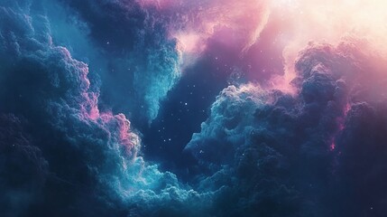 A breathtakingly beautiful abstract image of pink and blue clouds in a celestial space with sparkling stars.