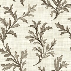 Vintage Neoclassical acanthus leaf pattern on vintage beige fabric background, seamless repeating pattern, textile print style, minimal, Neoclassical design, seamless acanthus leaf pattern, home decor