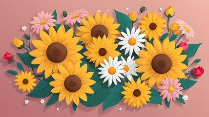 A Colorful Arrangement of Sunflowers, Daisies, and Roses