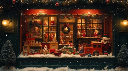 Christmas toy store window display with wooden toys and snowy decor