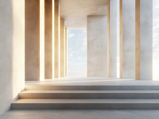 A serene architectural space with soft lighting and steps leading into an open area.