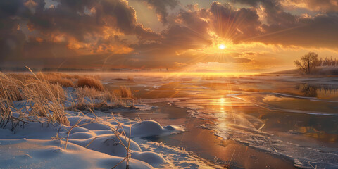 A peaceful sunset over a frozen lake, with the sun's rays illuminating the ice and creating a stunning winter scene.