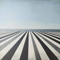Abstract painting of a horizon with black and white stripes.