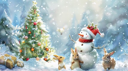 Watercolor Merry Christmas Illustration with Snowman and Christmas Tree
