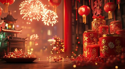 Fototapeta premium Chinese New year background, with fireworks, firecrackers and Asian Chinese red scene, rendered in surrealism, indoor scene, generative ai