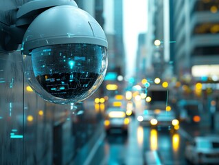 Security Camera with Digital Overlay Capturing a Cityscape