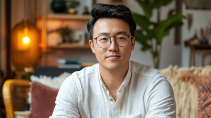 Fototapeta premium Stylish Young Man in Casual Attire Relaxing at Home with Modern Decor
