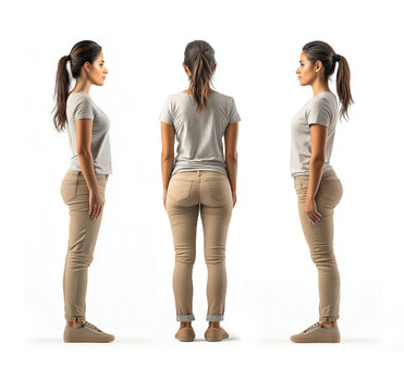 A brunette female dressed in casual clothing , multiple views, hispanic woman wears tan jeans, full figure, t-shirt, various angles - isolated on white. Pony tail, natural.