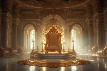 Obraz premium grand throne room featuring a resplendent golden chair intricate decorations and a lavish ambiance illuminated by dramatic light evoking a sense of royal elegance and opulence