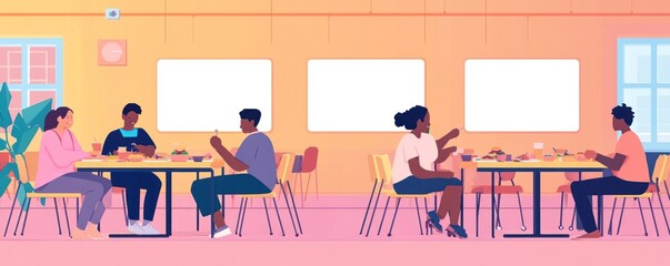 Four friends eating at a cafe table, laughing and talking.