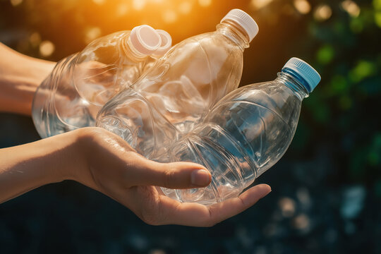 Hands Holding Crushed Plastic Bottles Highlighting Recycling and Environmental Awareness