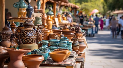 Fototapeta premium A colorful display of handcrafted pottery at a bustling outdoor market, featuring various styles and sizes of vases, jugs, and bowls.