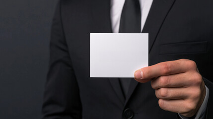 businessman in suit holding blank white card, ready for presentation or advertising. image conveys professionalism and opportunity