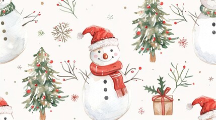 Fototapeta premium Watercolor Merry Christmas Seamless Pattern, Snowman and Christmas Tree