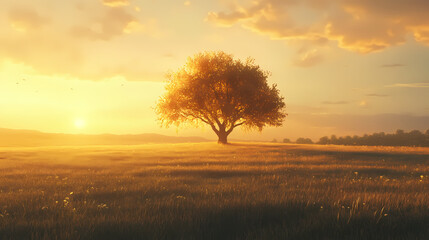 Fototapeta premium A cinematic shot of a lone tree in a vast field, lit by the last rays of sunlight, symbolizing solitude and peace. Cinematic. Illustration