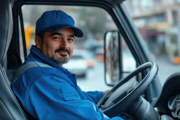 Delivery driver in blue uniform sitting in a truck's cabin with smile