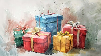  Watercolor Painted Christmas Gift Boxes, AI-Generated 8K