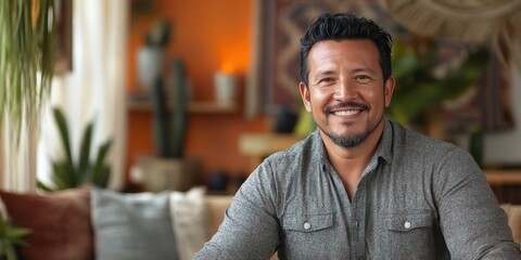 Smiling Man in Casual Attire Relaxing in a Cozy Indoor Space with Plants