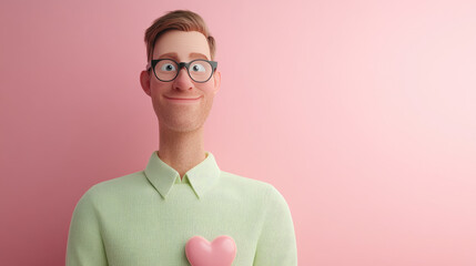 Empathetic cartoon HR manager with heart icon, soft pink backdrop, conveying warmth and approachability in a friendly workplace setting