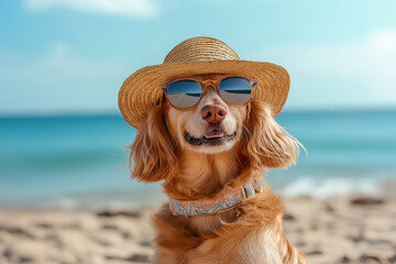 Golden retriever in sunglasses and straw hat enjoying a sunny beach day