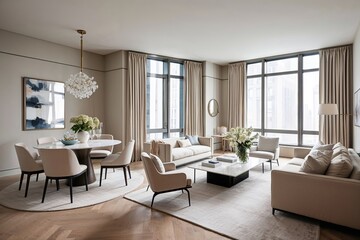 Sophisticated Urban Apartment Design Showcasing a Stylish Dining Area and Cozy Living Room in Soft Neutral Tones