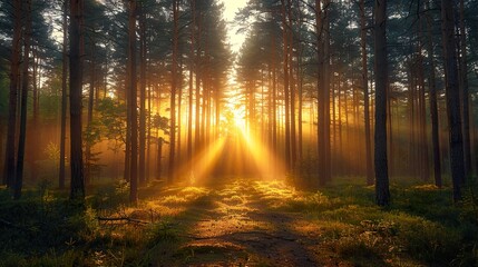 Fototapeta premium Golden Hour Sunlight Through a Dense Forest