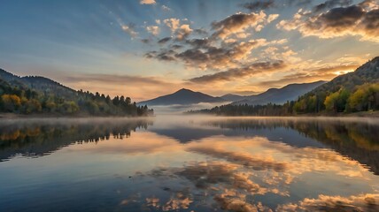 Fototapeta premium Misty sunrise over a mountain lake with reflection.
