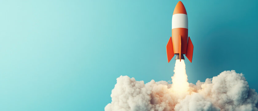 Rocket Launch Illustration, vibrant flat design showcasing startup growth, dynamic colors, upward trajectory, symbolizing innovation and ambition