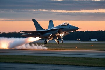 Fighter Jet Launches at Dawn from Military Airstrip Highlighting Aviation Intensity and Training Exercises