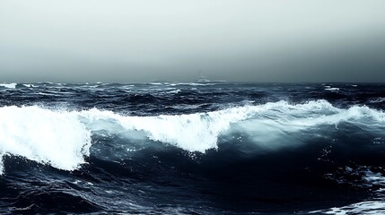 Fototapeta premium A large wave crashes in the ocean, with a ship on the horizon in the distance.