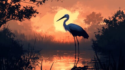 Fototapeta premium A lone egret stands in a misty marsh at sunset, its long legs reflected in the water.