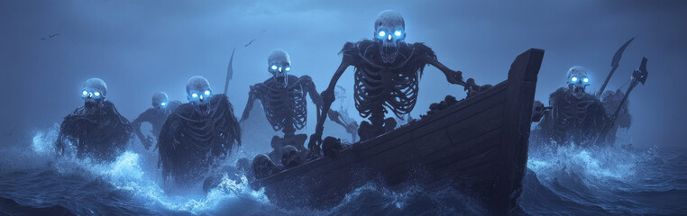 Naklejka premium Eerie spectral pirates, glowing bones, shipwreck, tumultuous ocean waves, watercolor ambiance, haunting maritime adventure.